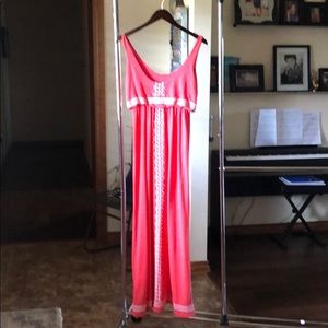 Salmon colored dress.